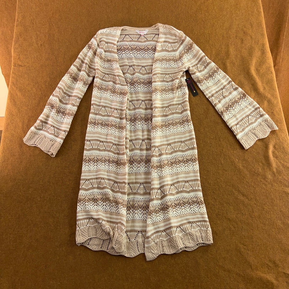 No Boundaries Women L Tan Knit Open Front Longline Duster Cardigan Sweater New